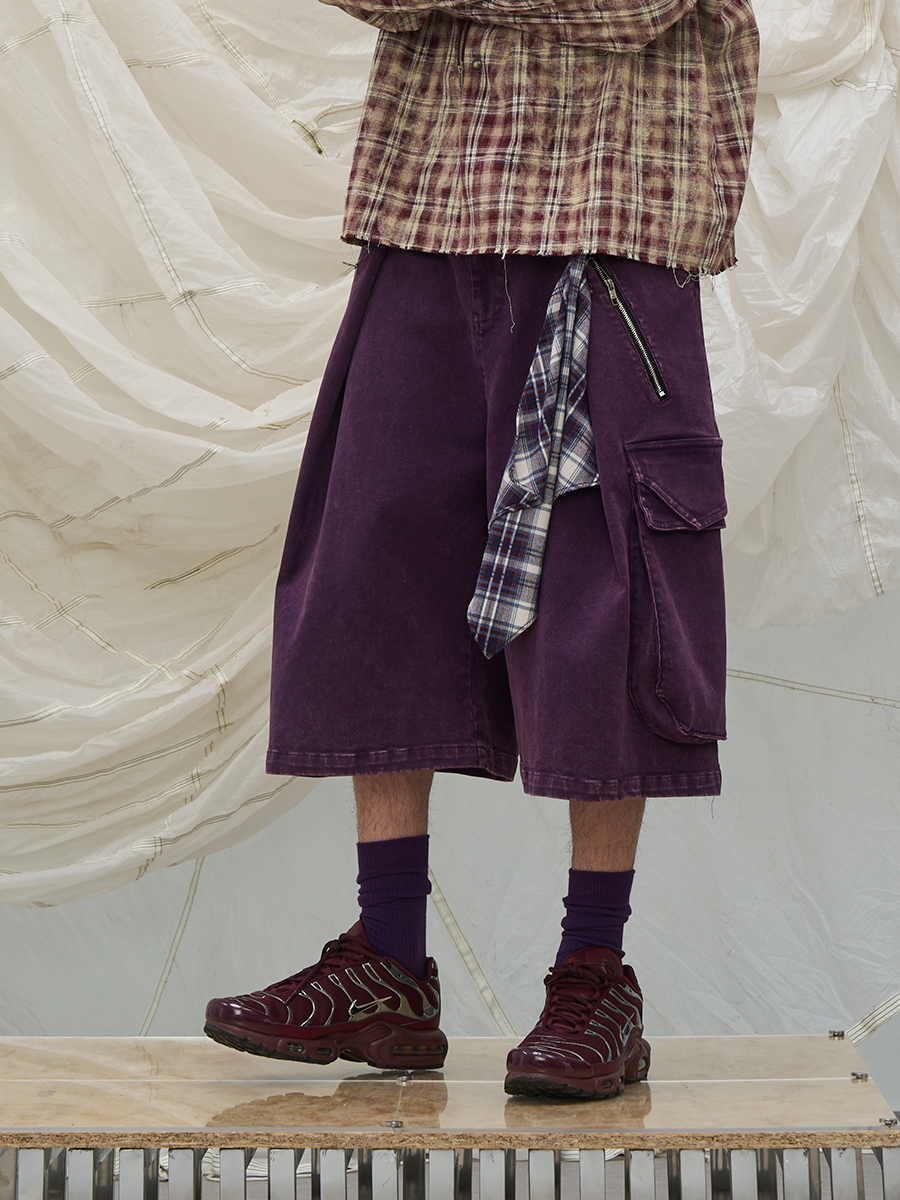 RELABEL Time Element (Continued) Detachable Scarf-Tuck Silhouette Washed Denim Workwear Cropped Trousers