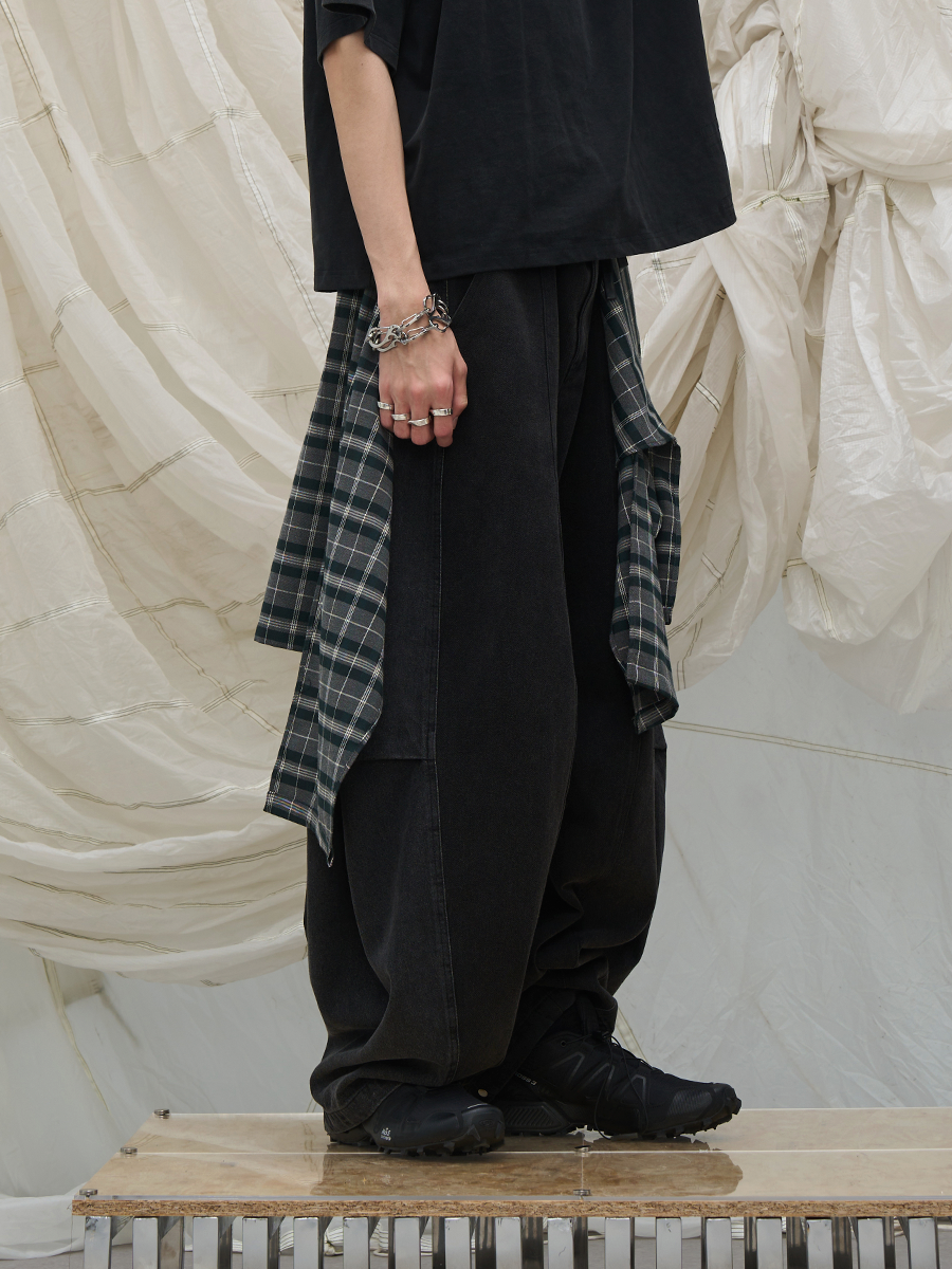RELABEL (3D Stretch) Detachable Checked Back Panel, Machine-Washable Oversized Jeans