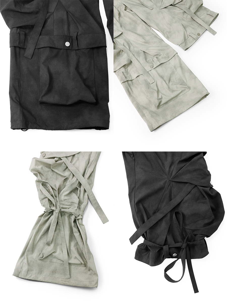RELABEL (Pleated Ripple) Reversible Pleated Waistband Ripple Pocket Detachable Patchwork 7/8-Length Work Trousers