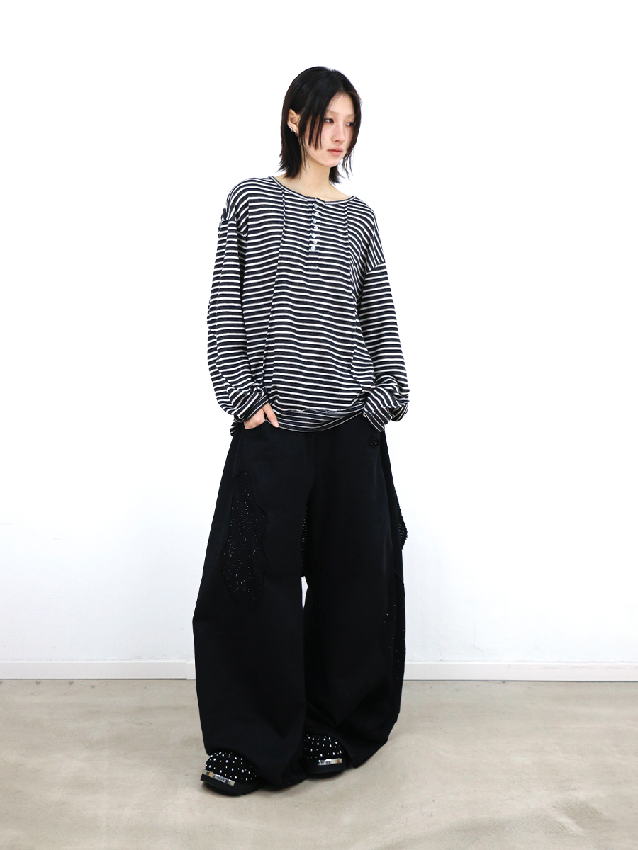 RELABEL (Vision) Lightweight, velvety-textured striped patchwork long-sleeved T-shirt with a wet-look finish, studded details and a scoop neck
