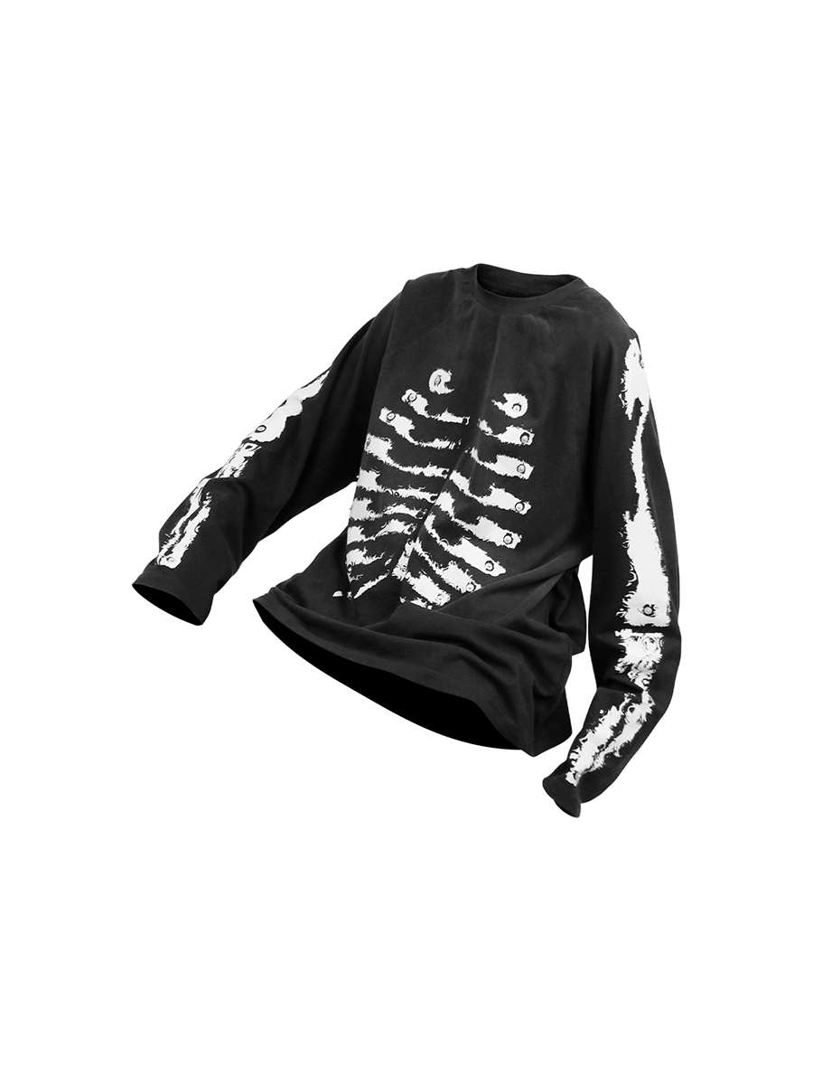RE-BONE (Skeletal Line) – Long-sleeved base layer T-shirt with delicate, water-washed bone-pattern print, stud detailing and a faded gradient finish