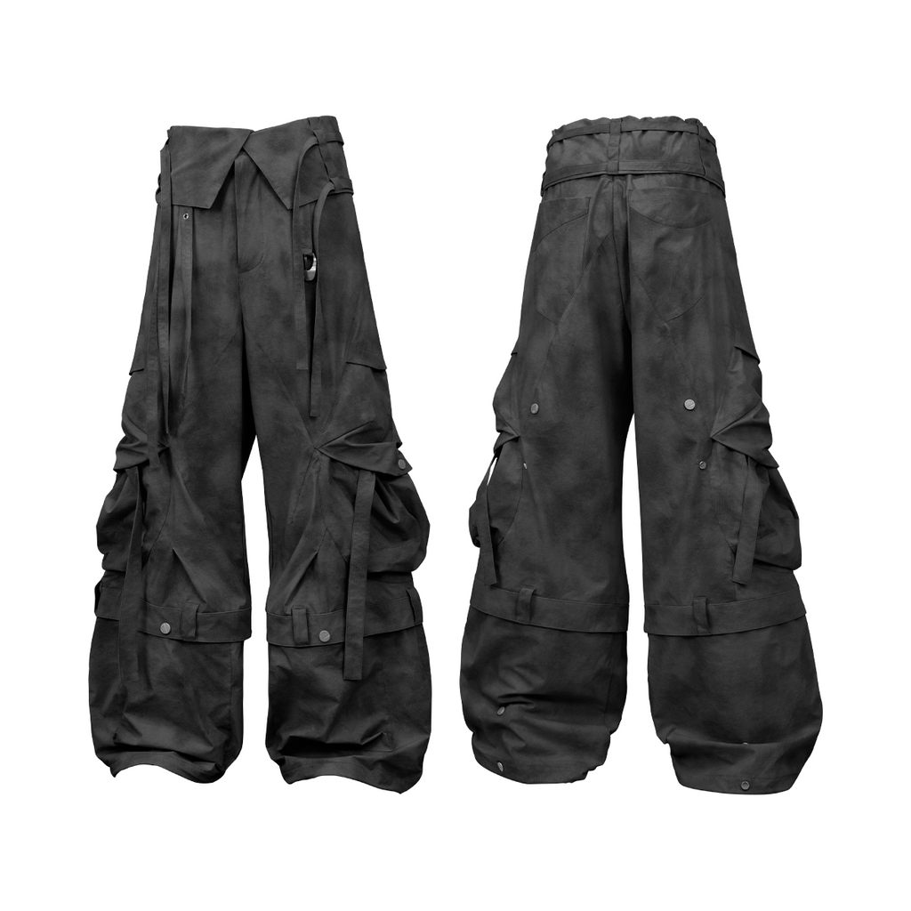 RELABEL (Pleated Ripple) Reversible Pleated Waistband Ripple Pocket Detachable Patchwork 7/8-Length Work Trousers