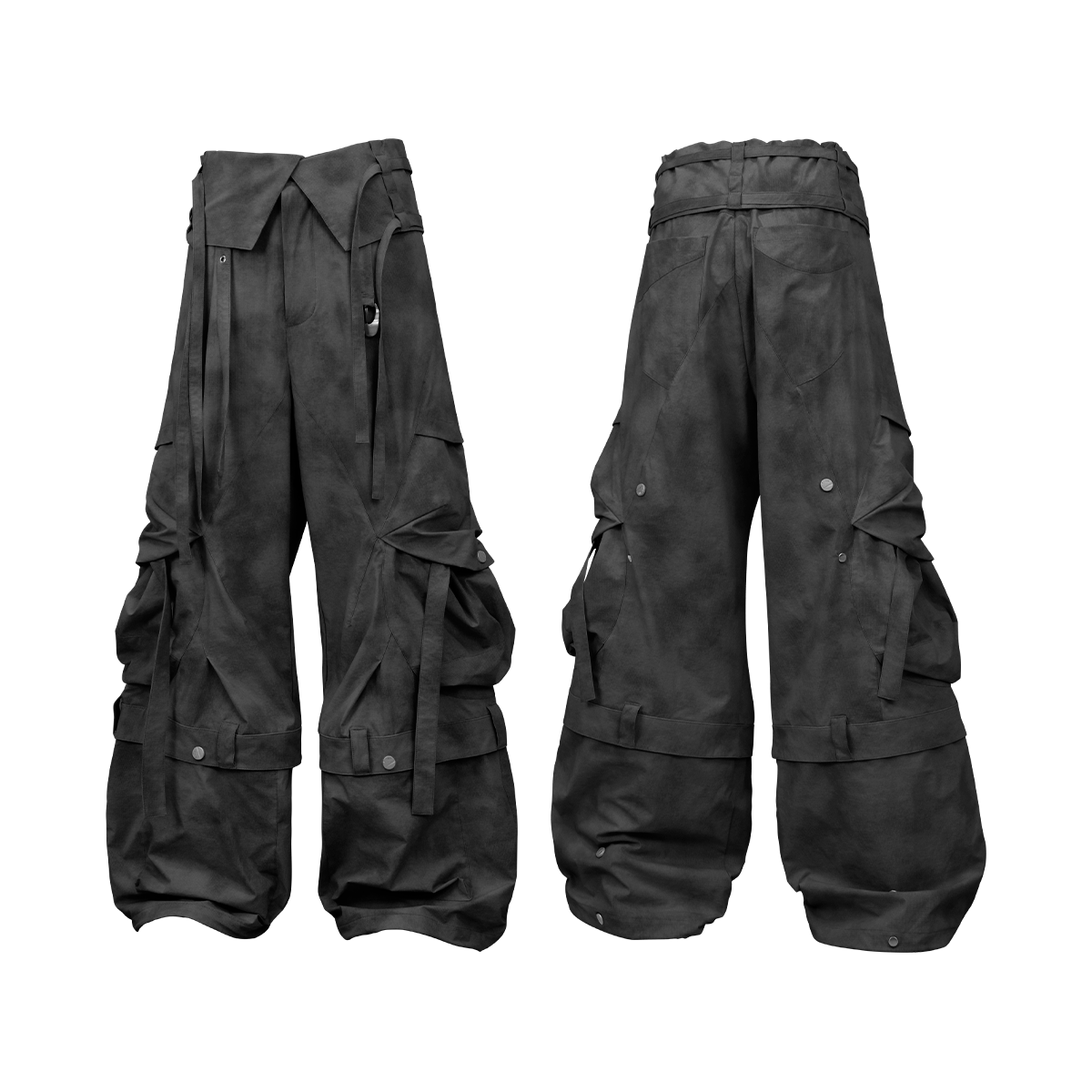 RELABEL (Pleated Ripple) Reversible Pleated Waistband Ripple Pocket Detachable Patchwork 7/8-Length Work Trousers