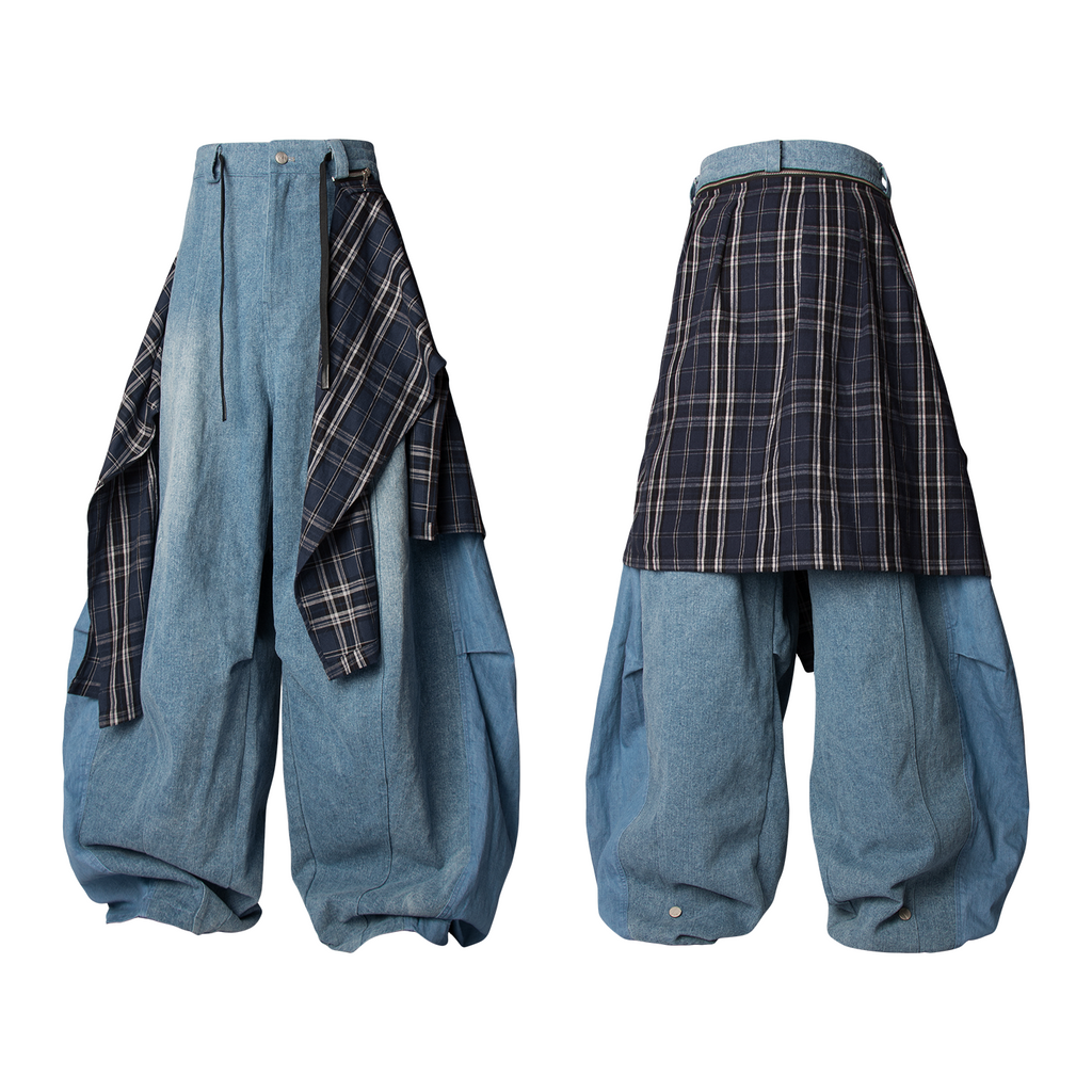 RELABEL (3D Stretch) Detachable Checked Back Panel, Machine-Washable Oversized Jeans