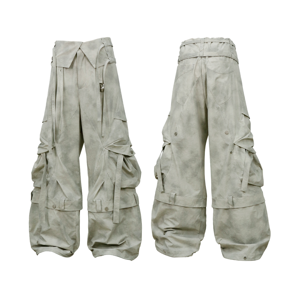 RELABEL (Pleated Ripple) Reversible Pleated Waistband Ripple Pocket Detachable Patchwork 7/8-Length Work Trousers