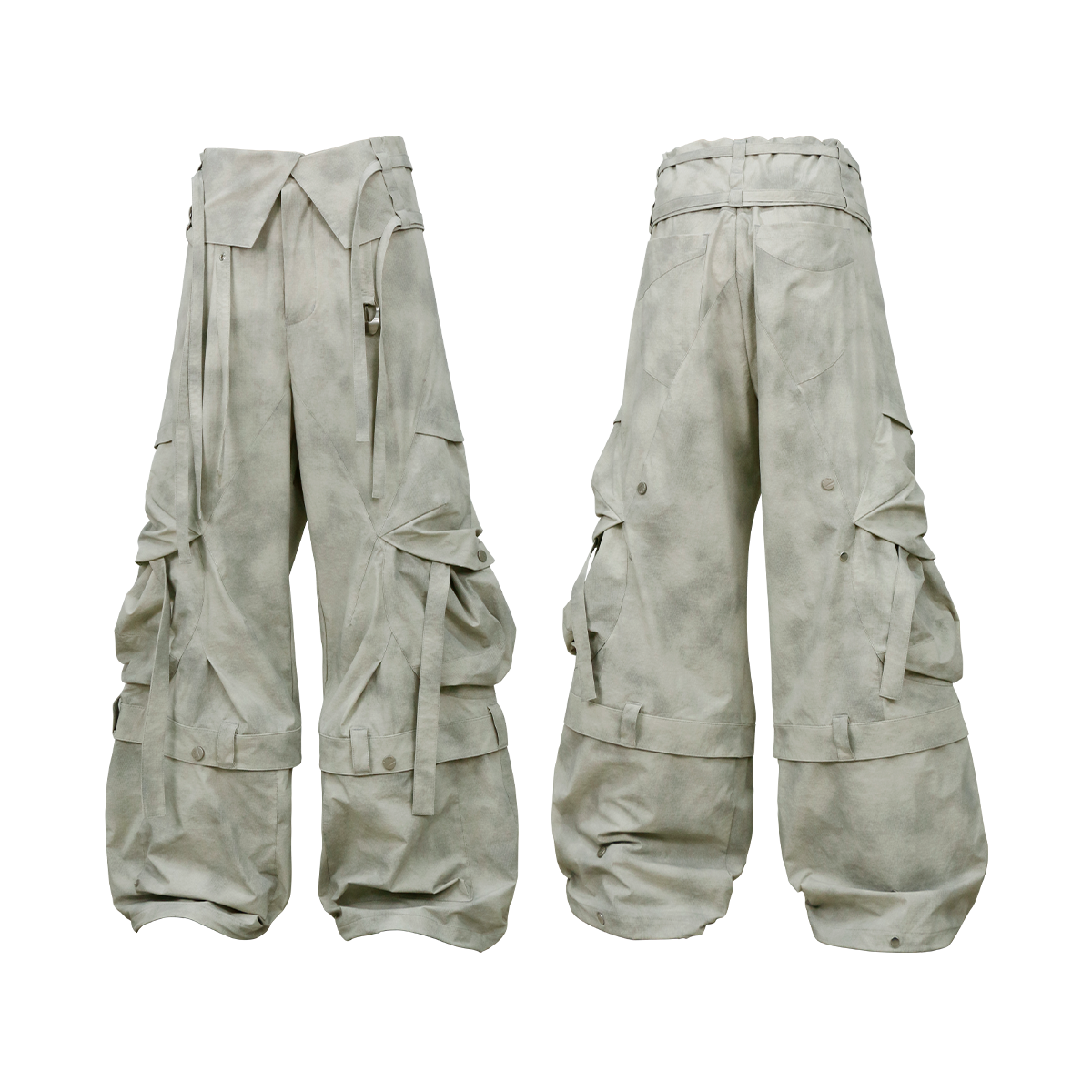 RELABEL (Pleated Ripple) Reversible Pleated Waistband Ripple Pocket Detachable Patchwork 7/8-Length Work Trousers