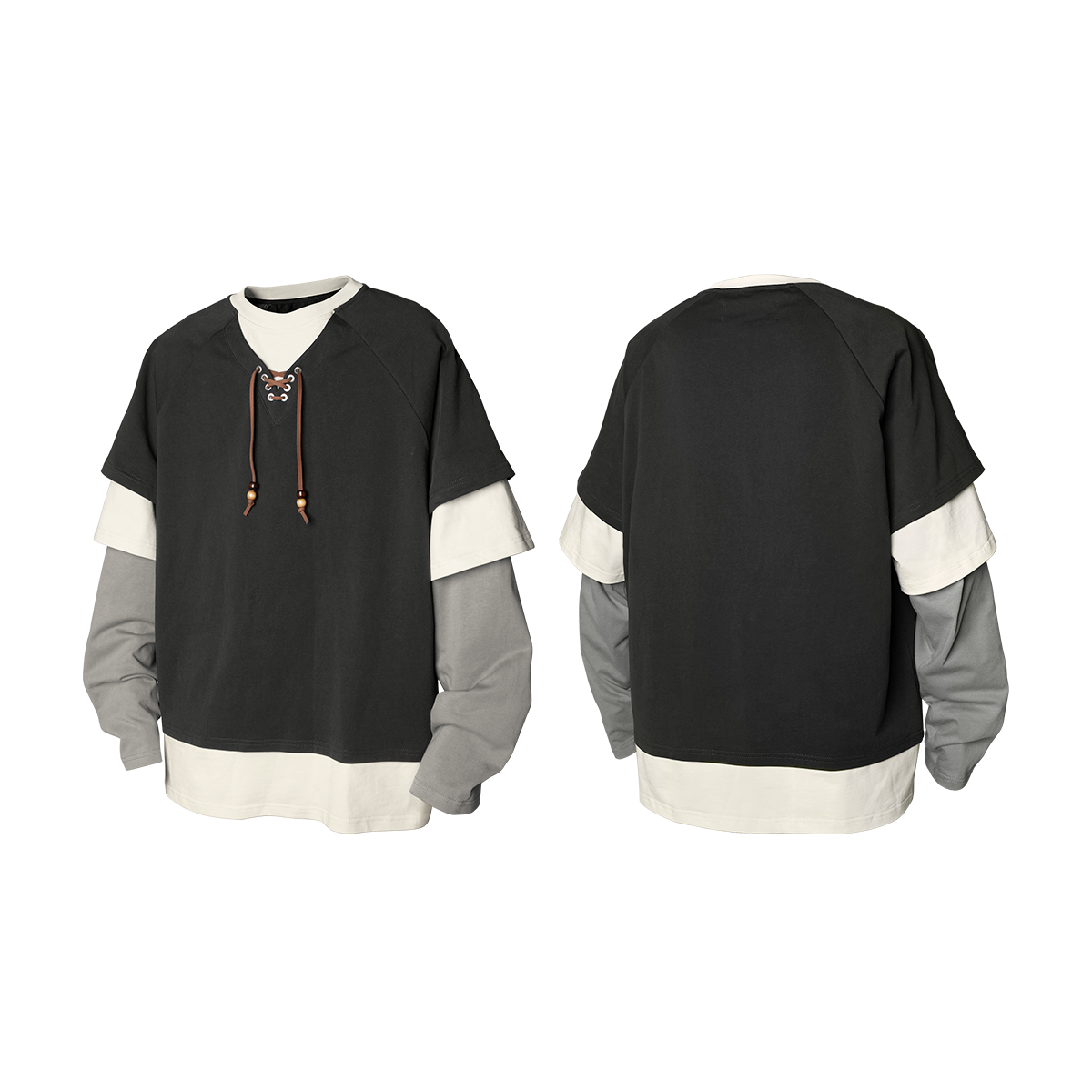 RELABEL Spatial Relationships (Parallel Lines) Four-Colour Striped Patchwork Knot Beaded Mock Three-Piece Long-Sleeved T-Shirt