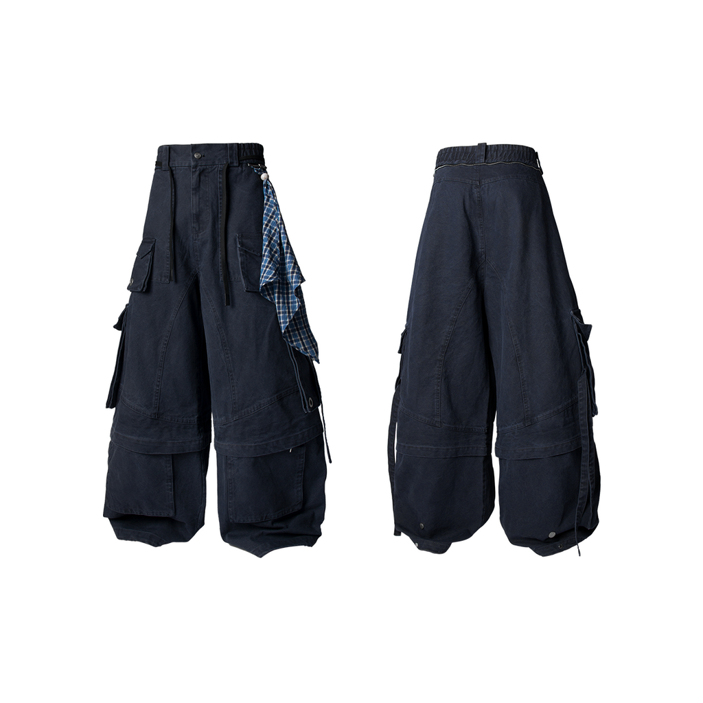 RELABEL Spatial Relations (Quartet) Eight-Pocket Detachable Distressed Multi-Colour Two-Tuck Workwear Trousers with Flare Legs