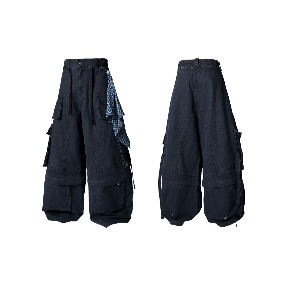 RELABEL Spatial Relations (Quartet) Eight-Pocket Detachable Distressed Multi-Colour Two-Tuck Workwear Trousers with Flare Legs