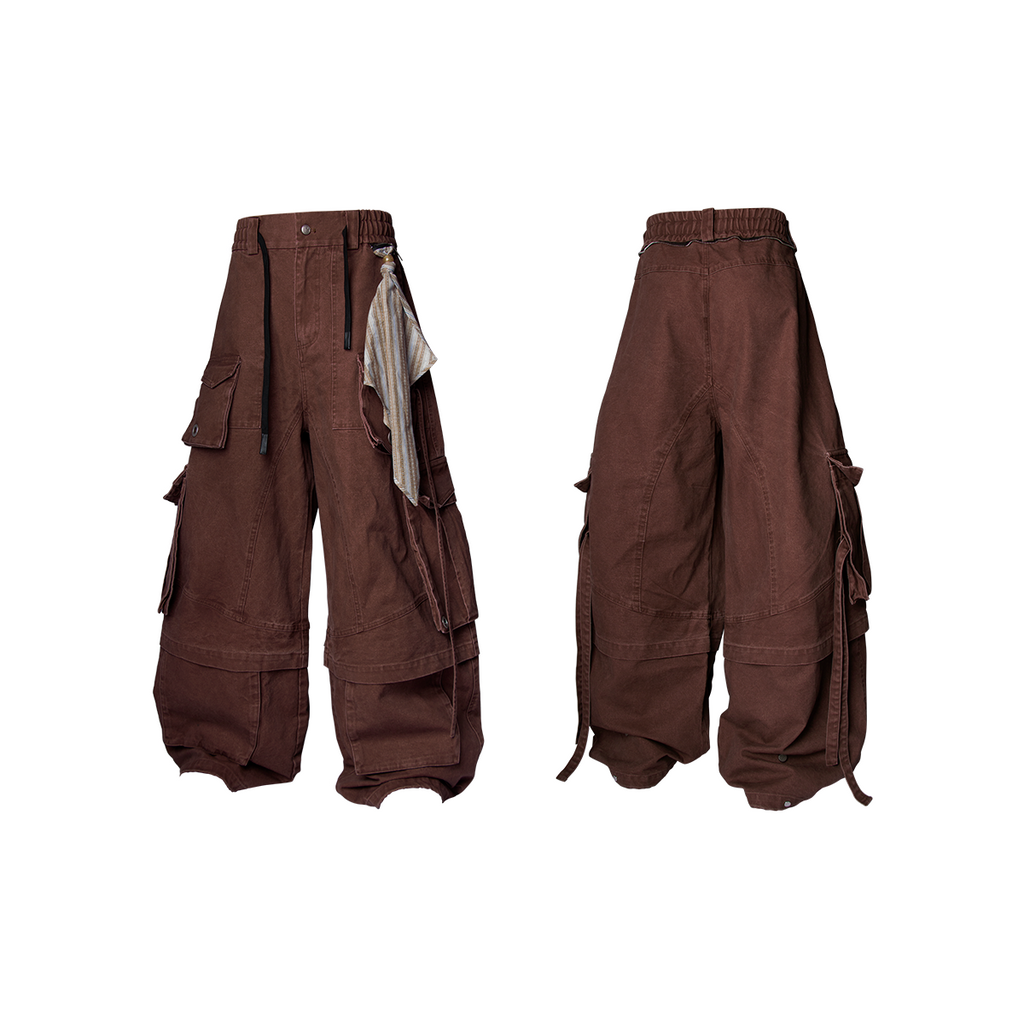 RELABEL Spatial Relations (Quartet) Eight-Pocket Detachable Distressed Multi-Colour Two-Tuck Workwear Trousers with Flare Legs