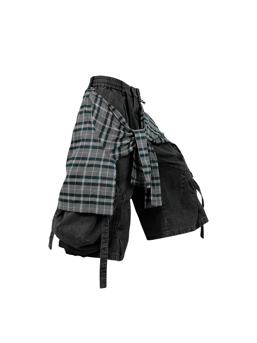 RELABEL (Bamboo-patterned pleated shorts) Detachable fly, water-repellent, multi-pocket, machine-washable, ruffled denim cropped shorts