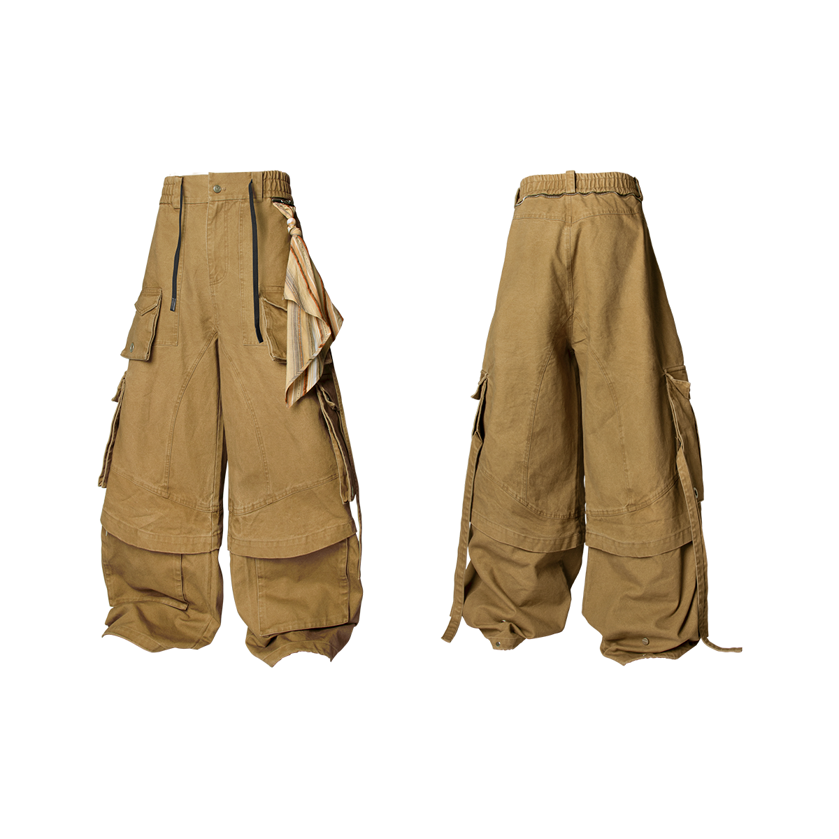 RELABEL Spatial Relations (Quartet) Eight-Pocket Detachable Distressed Multi-Colour Two-Tuck Workwear Trousers with Flare Legs