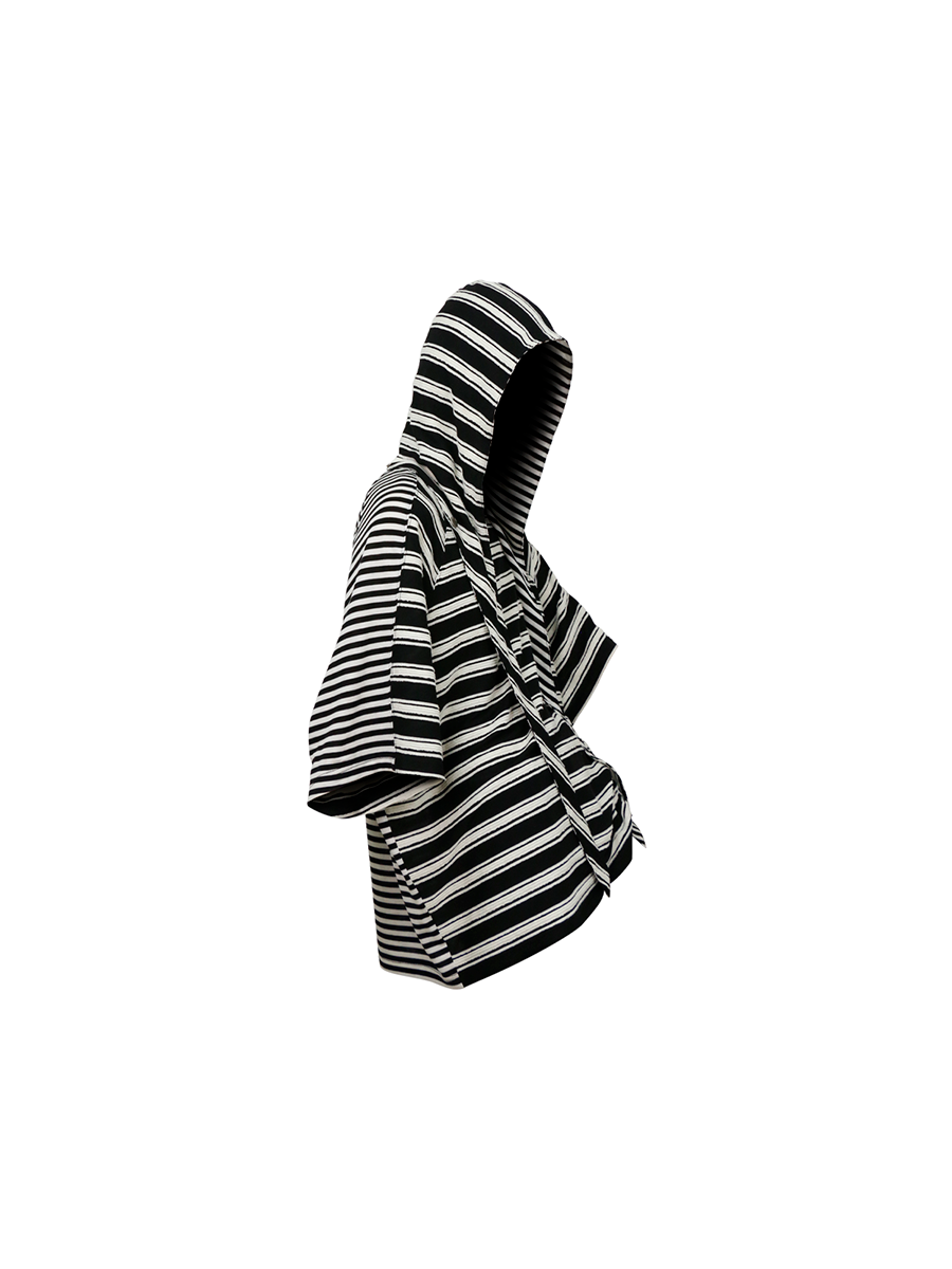 RELABEL (Dream Cut) Wool-Lysol Detachable Hooded Patchwork Striped Short-Sleeved T-shirt