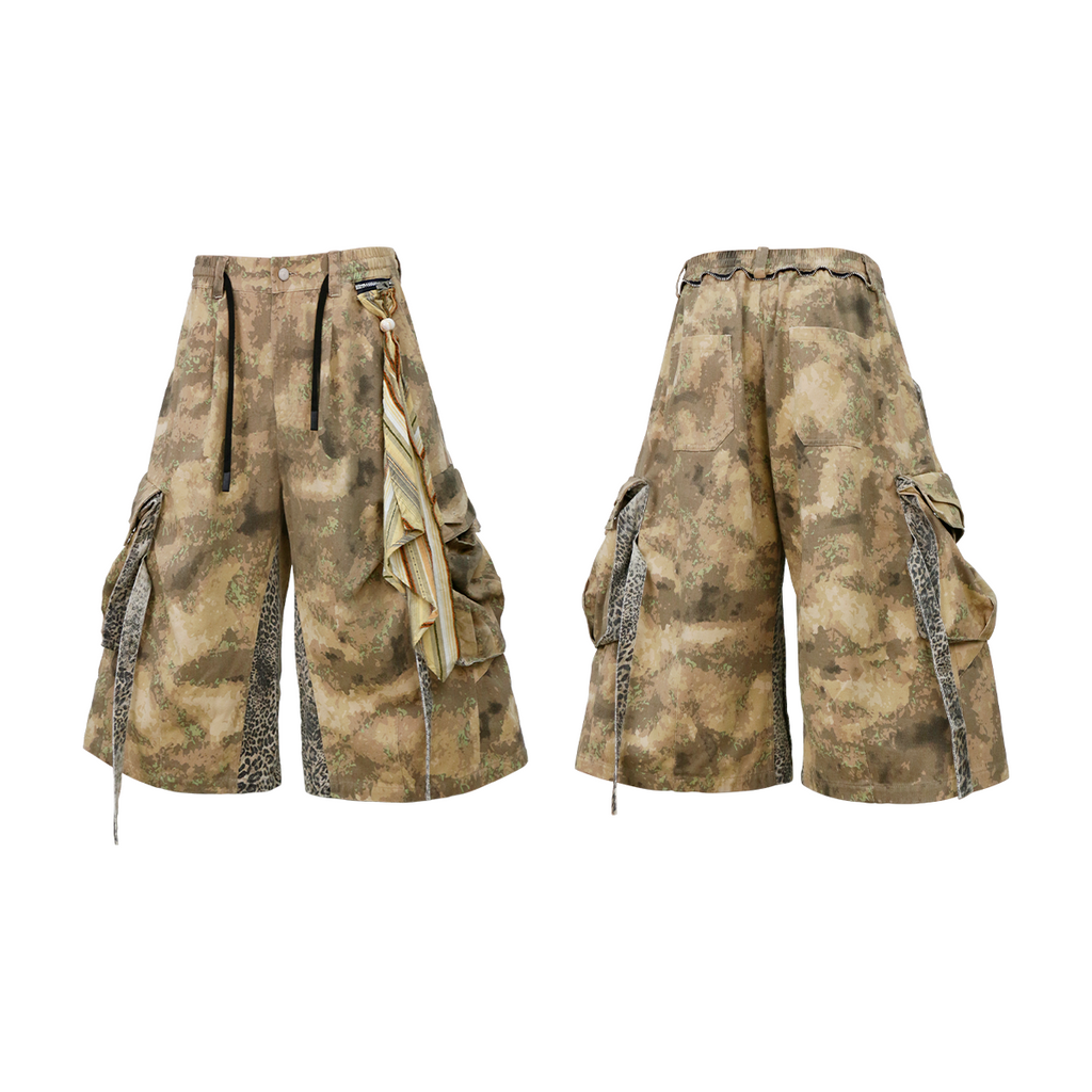 RELABEL (Cut-out Pattern) Camouflage Leopard-print Patchwork Detachable Scarf-Tie Workwear Cropped Shorts