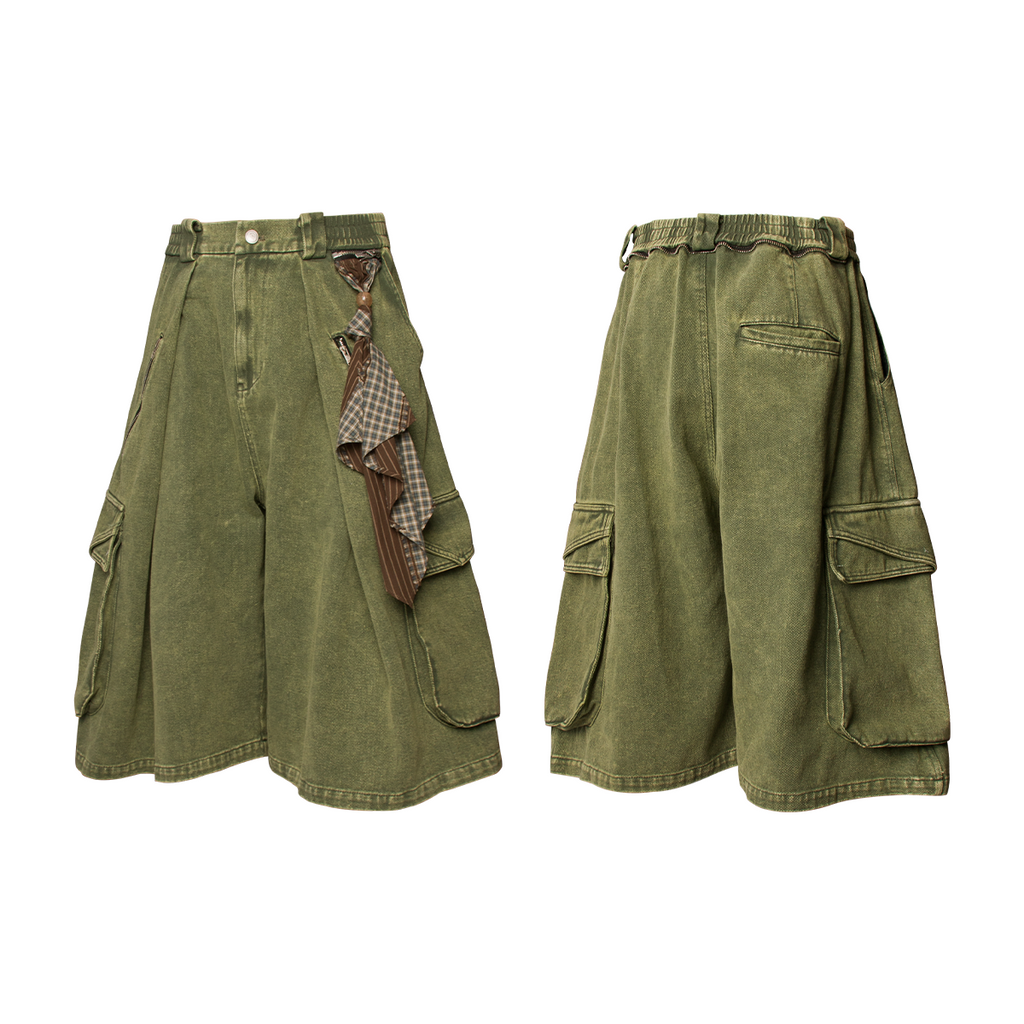 RELABEL Time Element (Continued) Detachable Scarf-Tuck Silhouette Washed Denim Workwear Cropped Trousers