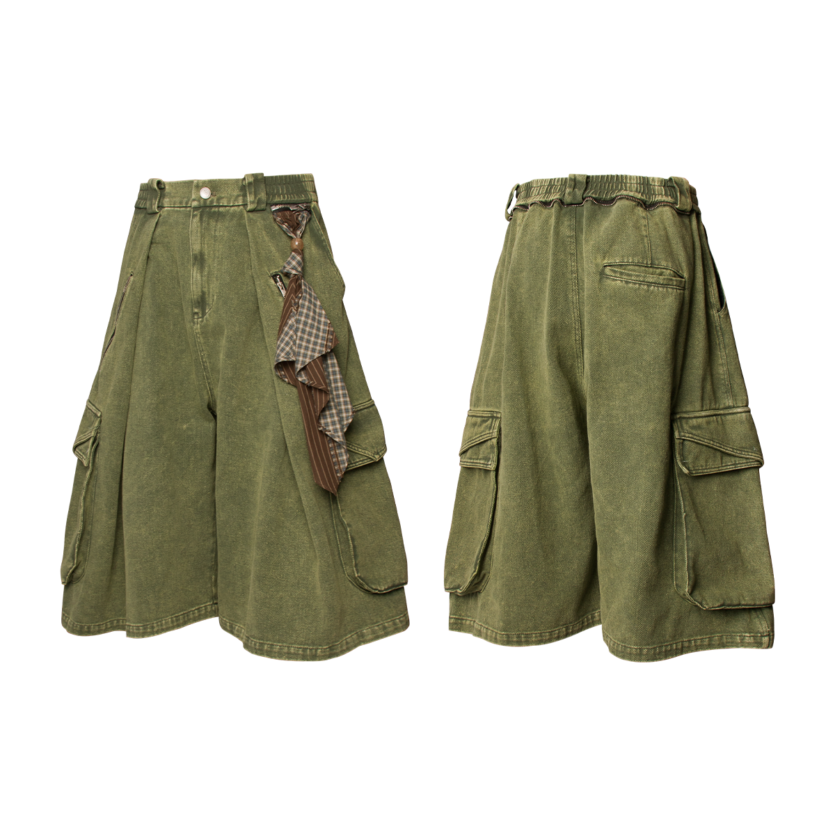 RELABEL Time Element (Continued) Detachable Scarf-Tuck Silhouette Washed Denim Workwear Cropped Trousers