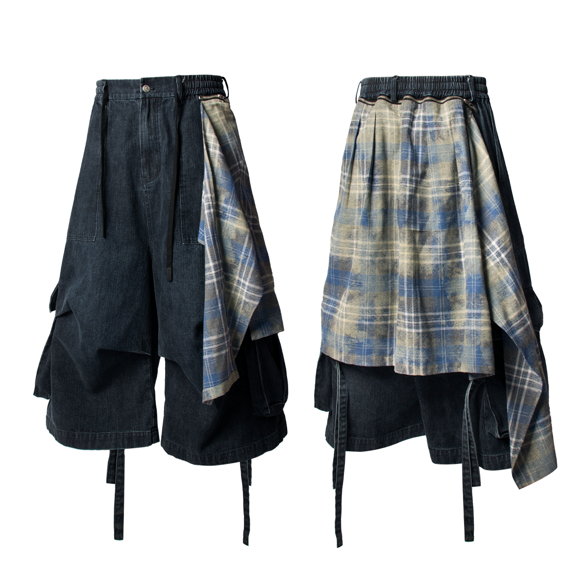 RELABEL Time Element (Extended Fit) Detachable Fly Panel with Flowing Ties, Machine-Washable Slub Denim Shorts
