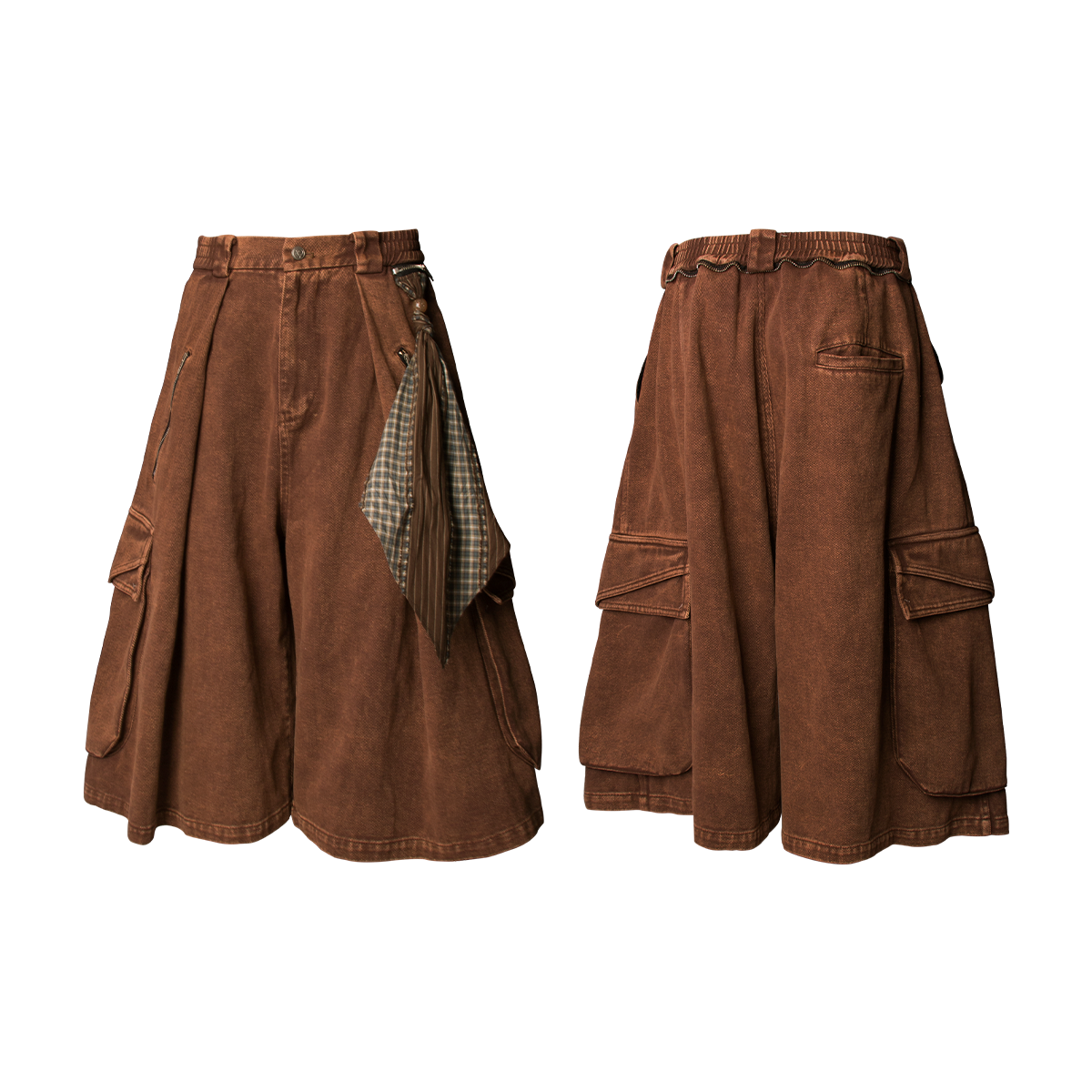 RELABEL Time Element (Continued) Detachable Scarf-Tuck Silhouette Washed Denim Workwear Cropped Trousers