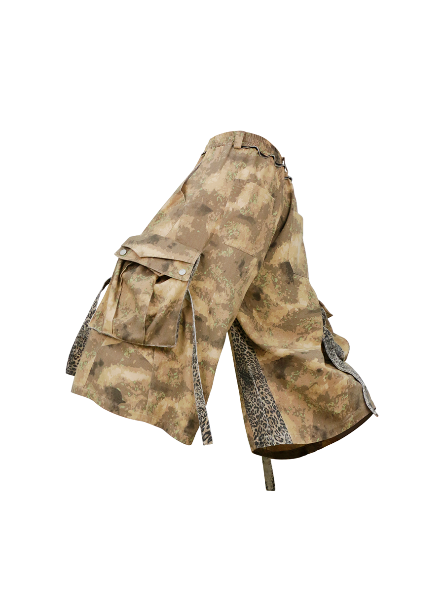 RELABEL (Cut-out Pattern) Camouflage Leopard-print Patchwork Detachable Scarf-Tie Workwear Cropped Shorts