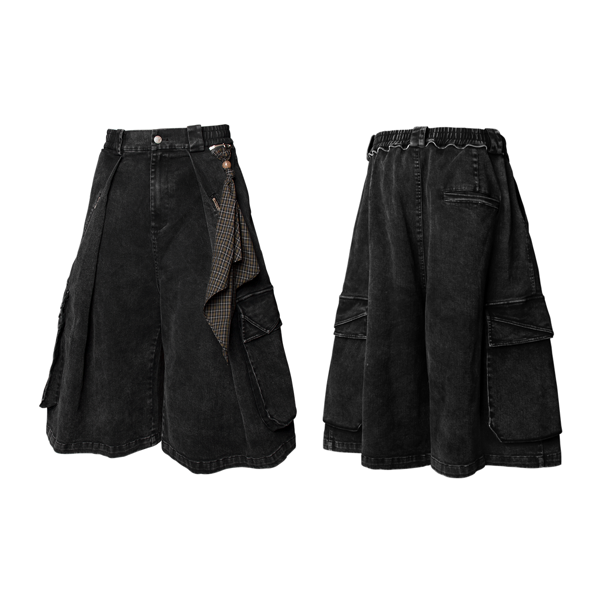 RELABEL Time Element (Continued) Detachable Scarf-Tuck Silhouette Washed Denim Workwear Cropped Trousers
