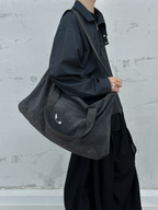 RELABEL Suede and Leather Patchwork Branded Metal Nameplate Multi-Functional Handbag, Shoulder Bag and Crossbody Bag with Four Straps