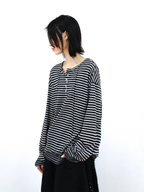 RELABEL (Vision) Lightweight, velvety-textured striped patchwork long-sleeved T-shirt with a wet-look finish, studded details and a scoop neck