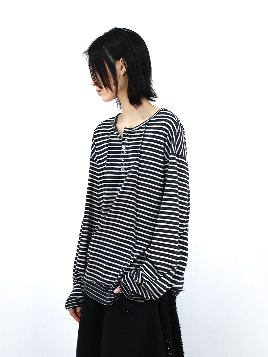 RELABEL (Vision) Lightweight, velvety-textured striped patchwork long-sleeved T-shirt with a wet-look finish, studded details and a scoop neck