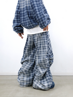 RELABEL (Gemeng) Flower Bud Balloon Check Print Draped Loose-Fit Wavy-Crinkle Gradient Washed Denim Trousers