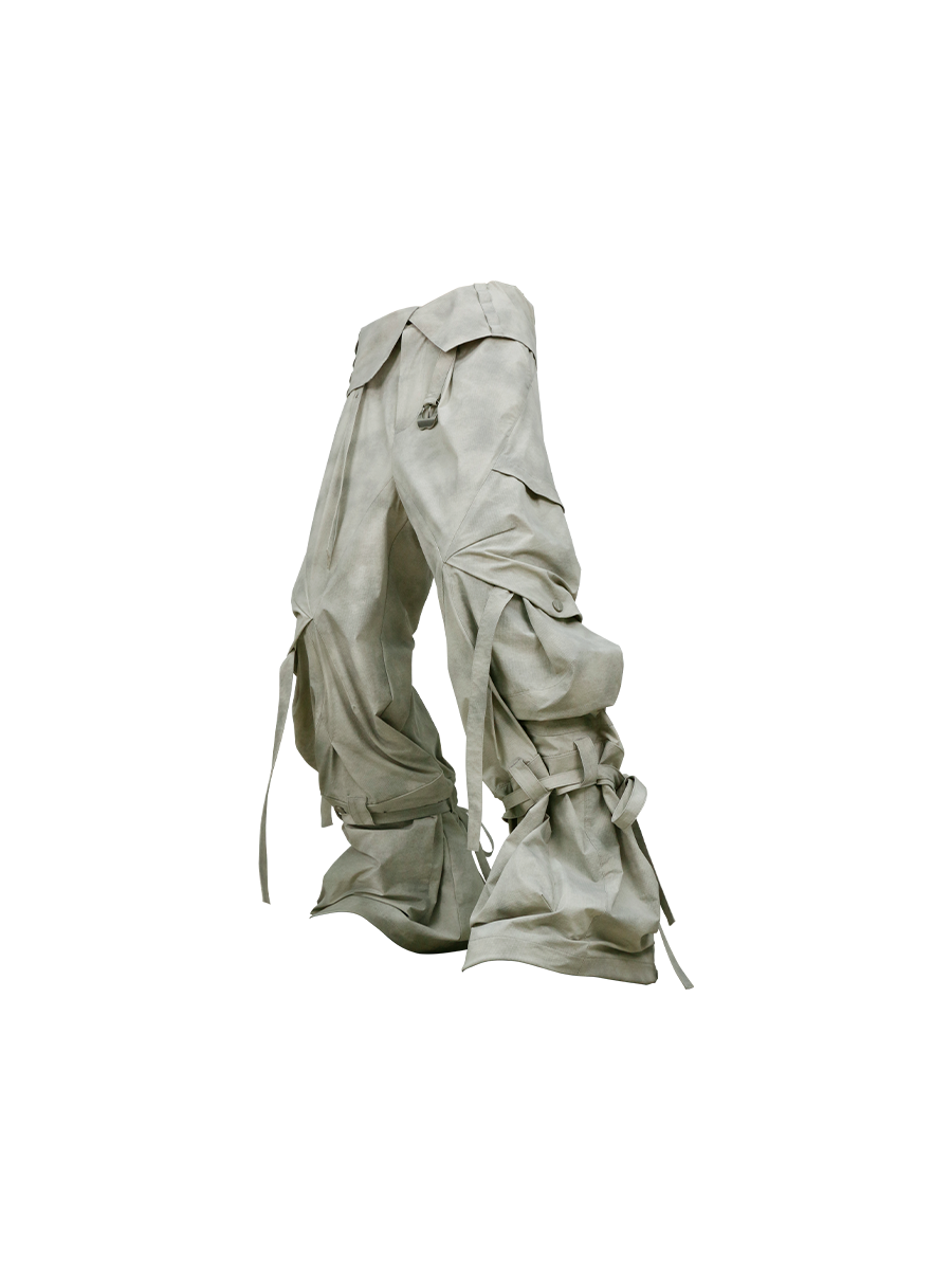 RELABEL (Pleated Ripple) Reversible Pleated Waistband Ripple Pocket Detachable Patchwork 7/8-Length Work Trousers