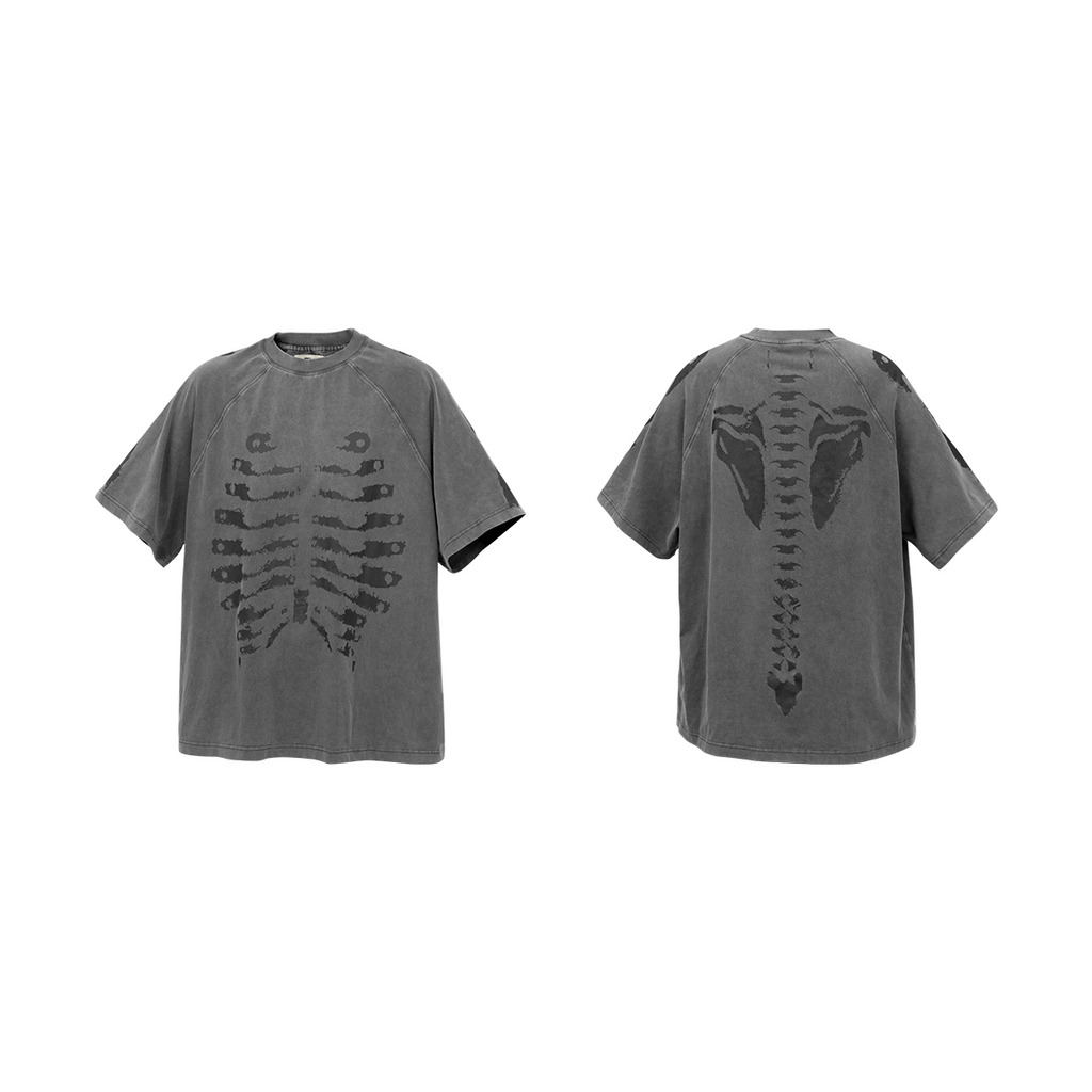 RE-BONE (Skeleton Line) Water-Worn Skeleton Print, Distressed, Loose-Fit Short-Sleeve T-Shirt