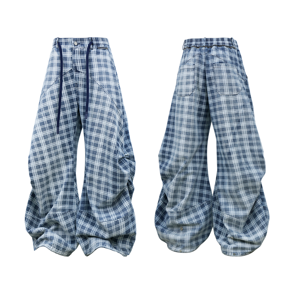 RELABEL (Gemeng) Flower Bud Balloon Check Print Draped Loose-Fit Wavy-Crinkle Gradient Washed Denim Trousers