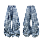 RELABEL (Gemeng) Flower Bud Balloon Check Print Draped Loose-Fit Wavy-Crinkle Gradient Washed Denim Trousers