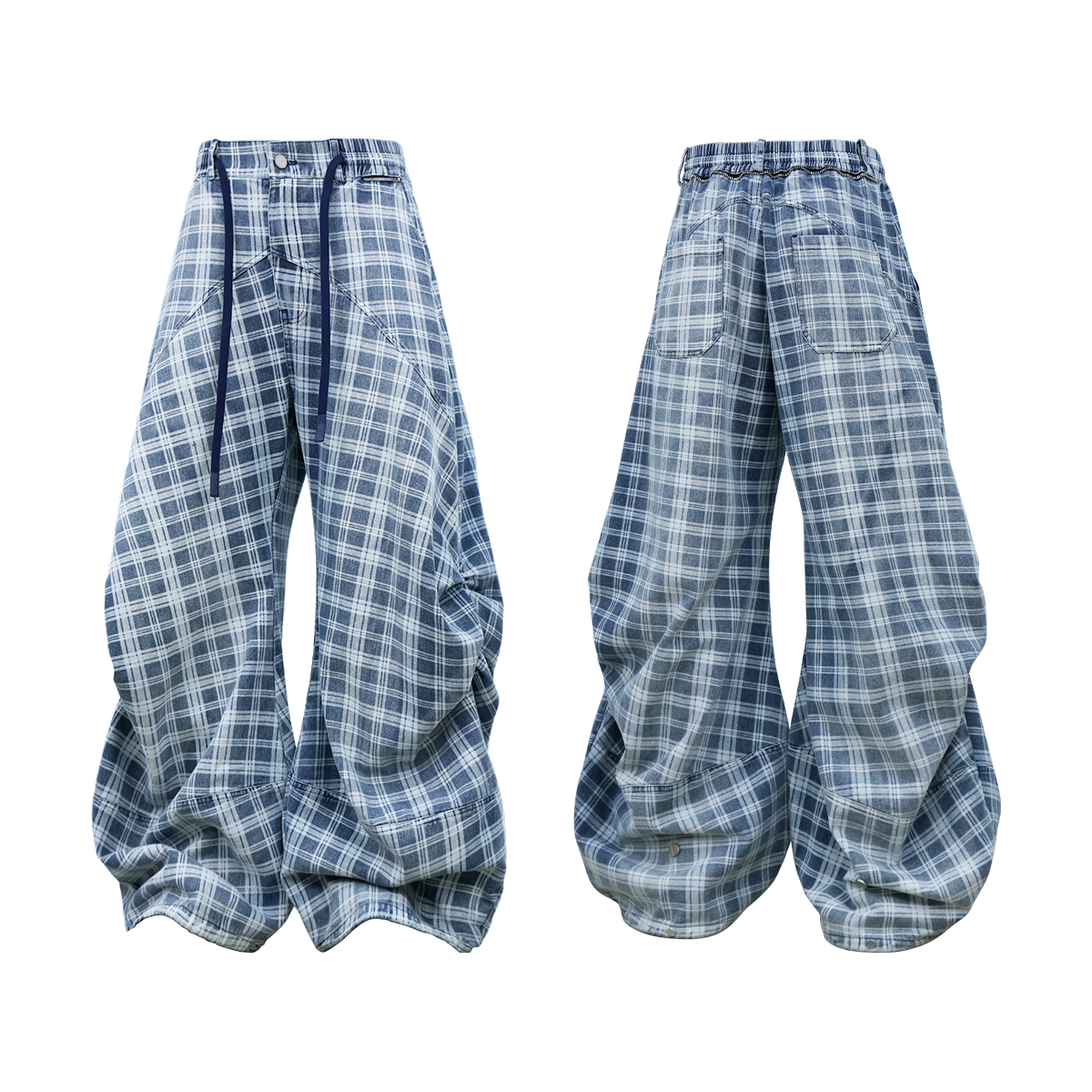 RELABEL (Gemeng) Flower Bud Balloon Check Print Draped Loose-Fit Wavy-Crinkle Gradient Washed Denim Trousers