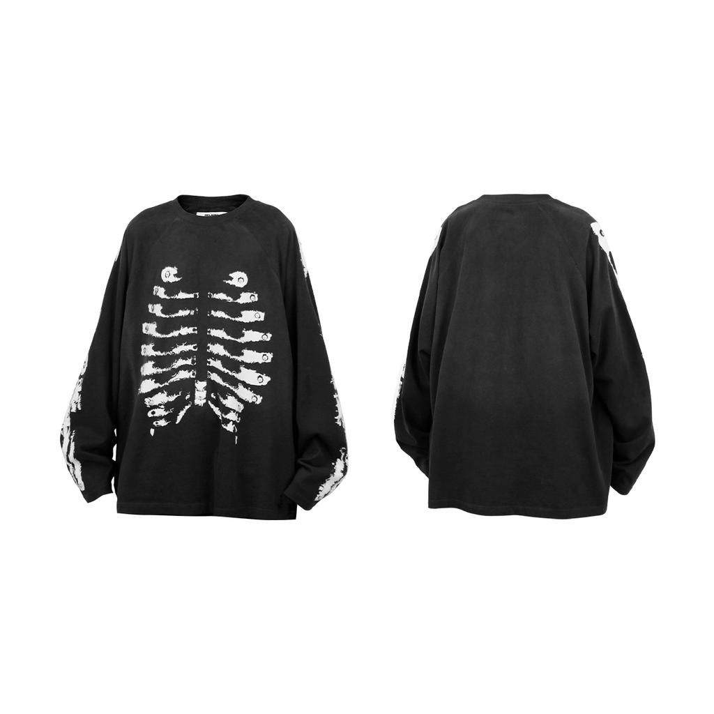 RE-BONE (Skeletal Line) – Long-sleeved base layer T-shirt with delicate, water-washed bone-pattern print, stud detailing and a faded gradient finish