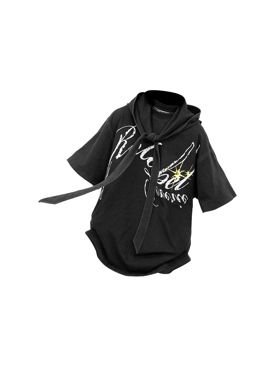 RELABEL (Dreamy Starlight) Detachable Hooded, Machine-Washable, Distressed Denim-Print Crew-Neck Short-Sleeve Commuter T-Shirt
