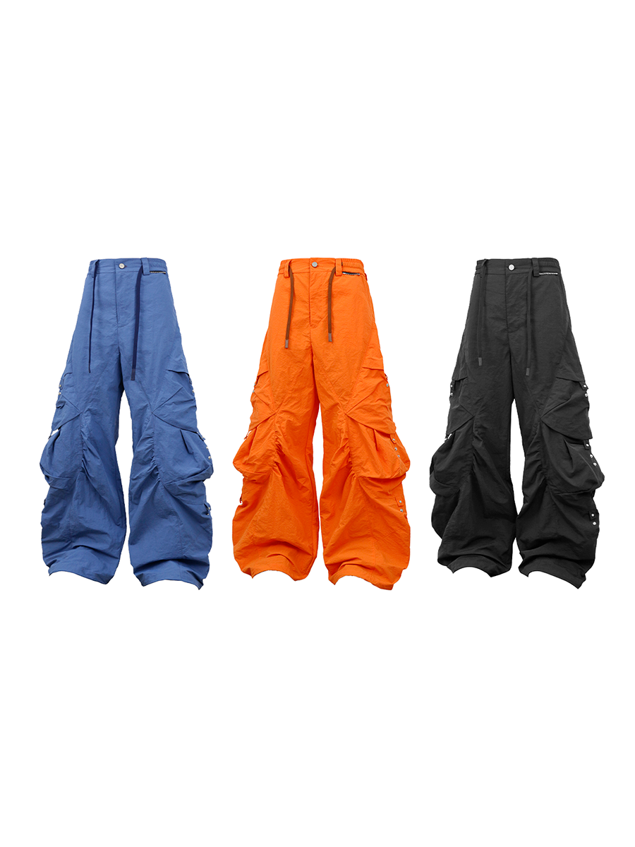 RELABEL (Lian Dai) Skin-friendly, Water-repellent, 3D Large Waterdrop-Patterned, Multi-Pocket, Pleated, Multi-Style Nylon Casual Trousers