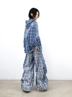 RELABEL (Gemeng) Flower Bud Balloon Check Print Draped Loose-Fit Wavy-Crinkle Gradient Washed Denim Trousers