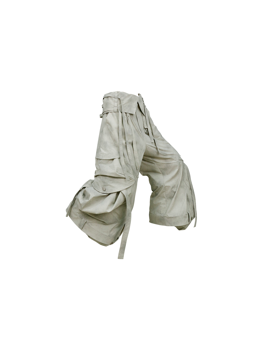 RELABEL (Pleated Ripple) Reversible Pleated Waistband Ripple Pocket Detachable Patchwork 7/8-Length Work Trousers
