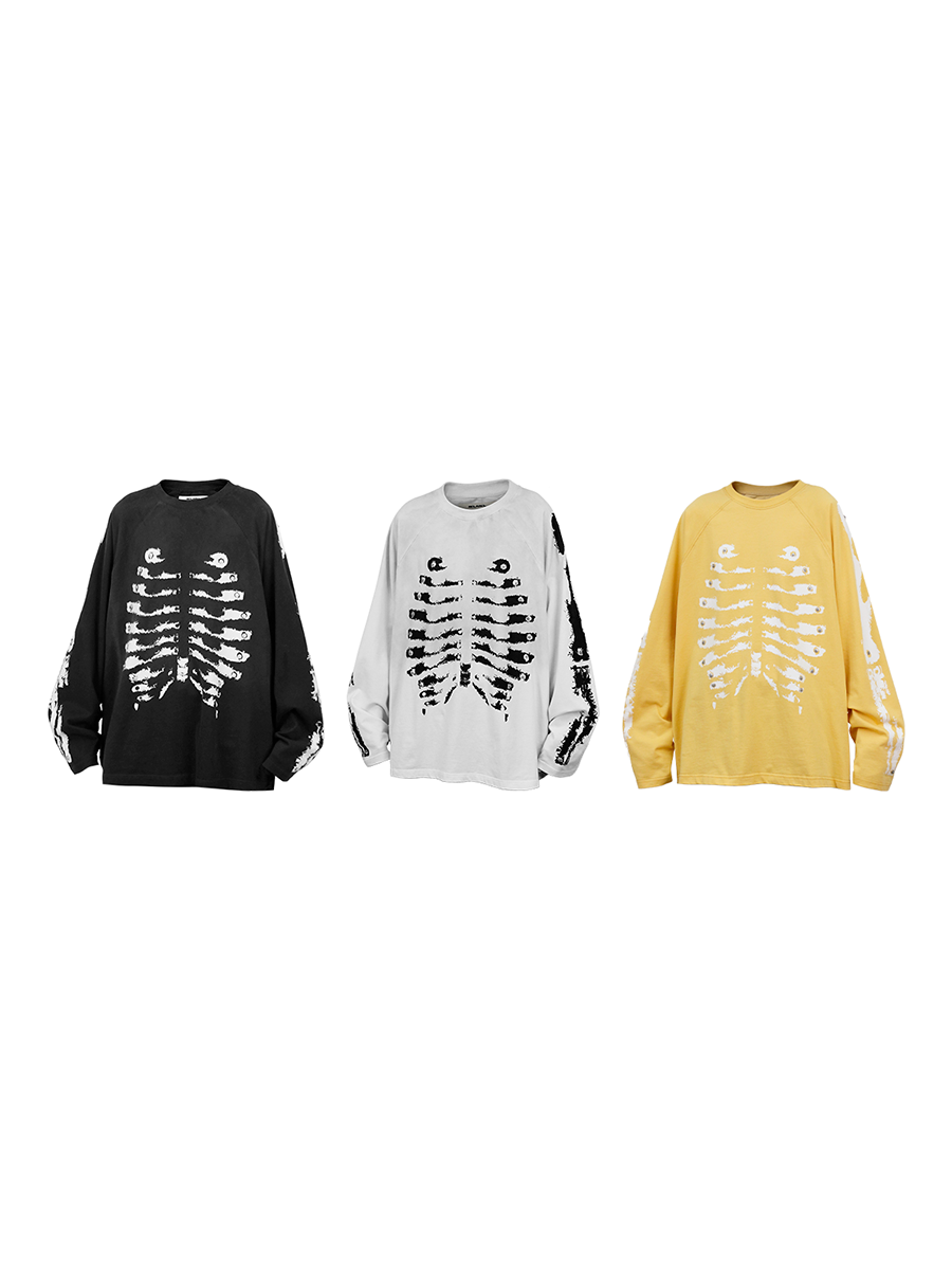 RE-BONE (Skeletal Line) – Long-sleeved base layer T-shirt with delicate, water-washed bone-pattern print, stud detailing and a faded gradient finish