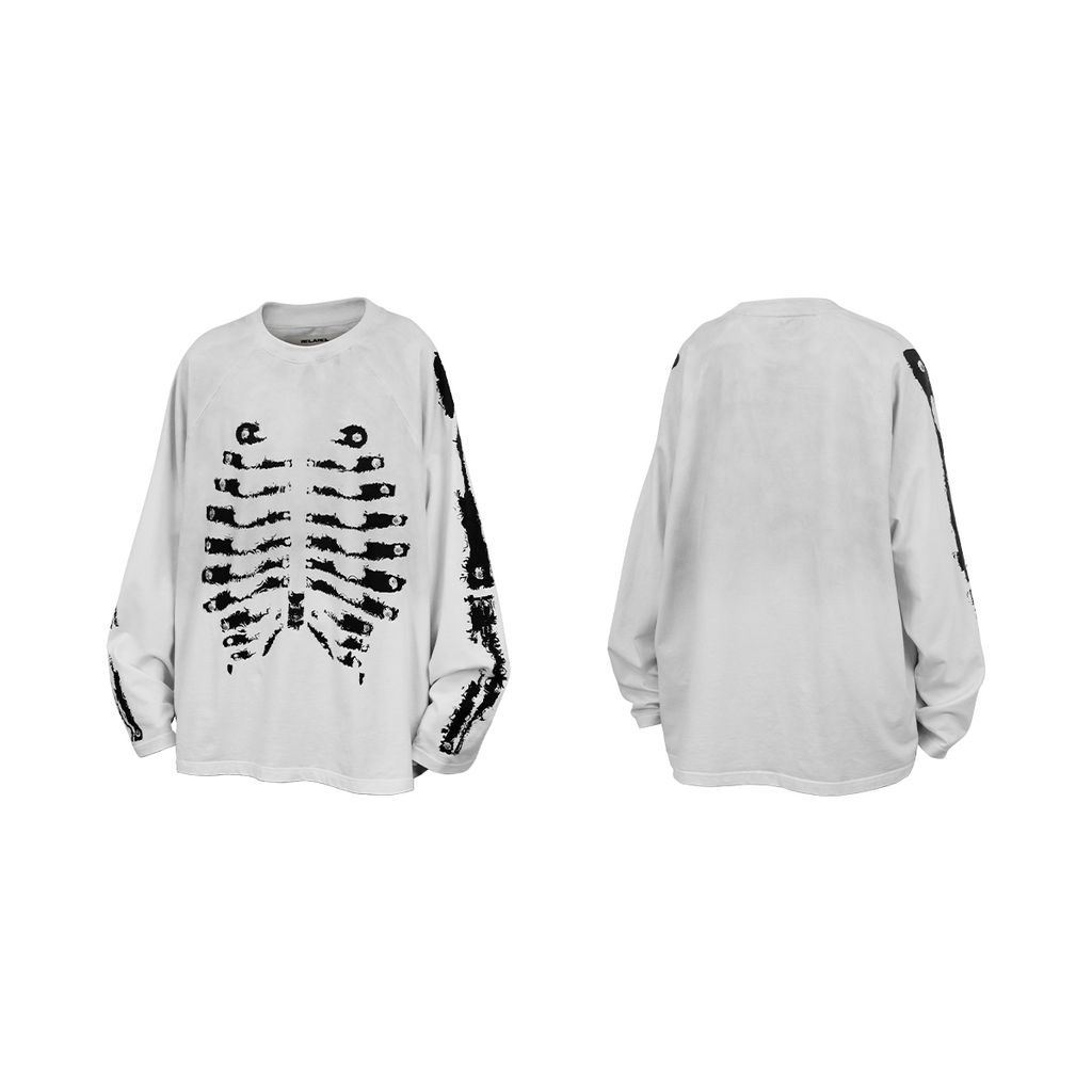 RE-BONE (Skeletal Line) – Long-sleeved base layer T-shirt with delicate, water-washed bone-pattern print, stud detailing and a faded gradient finish