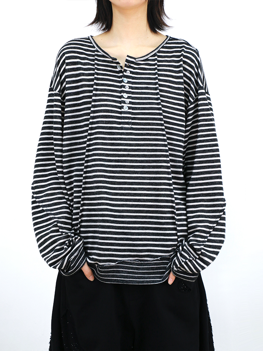 RELABEL (Vision) Lightweight, velvety-textured striped patchwork long-sleeved T-shirt with a wet-look finish, studded details and a scoop neck
