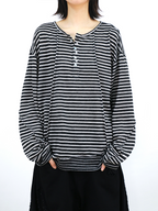 RELABEL (Vision) Lightweight, velvety-textured striped patchwork long-sleeved T-shirt with a wet-look finish, studded details and a scoop neck