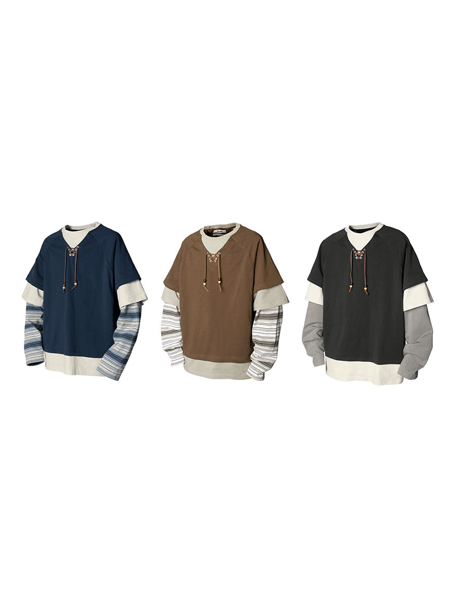 RELABEL Spatial Relationships (Parallel Lines) Four-Colour Striped Patchwork Knot Beaded Mock Three-Piece Long-Sleeved T-Shirt