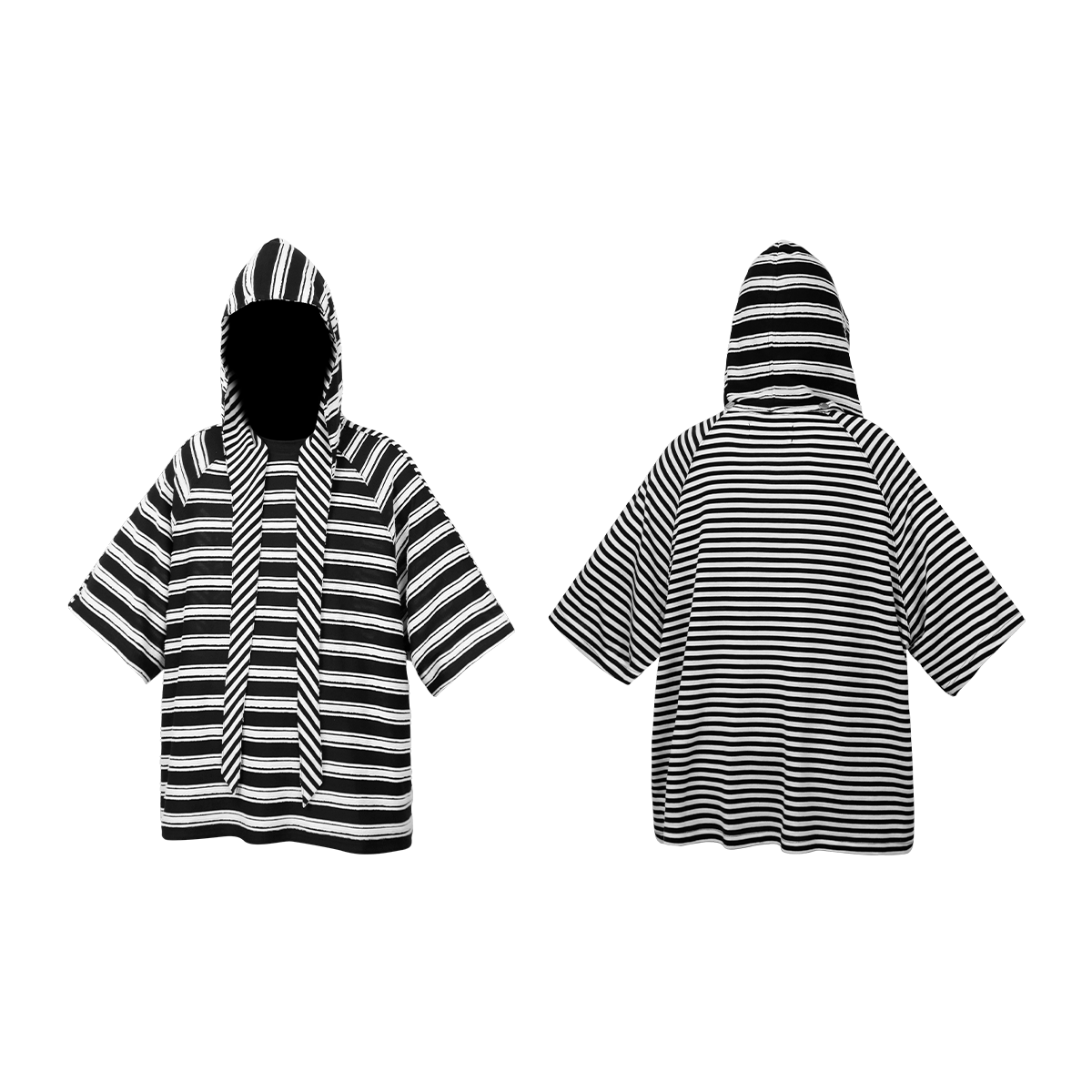 RELABEL (Dream Cut) Wool-Lysol Detachable Hooded Patchwork Striped Short-Sleeved T-shirt