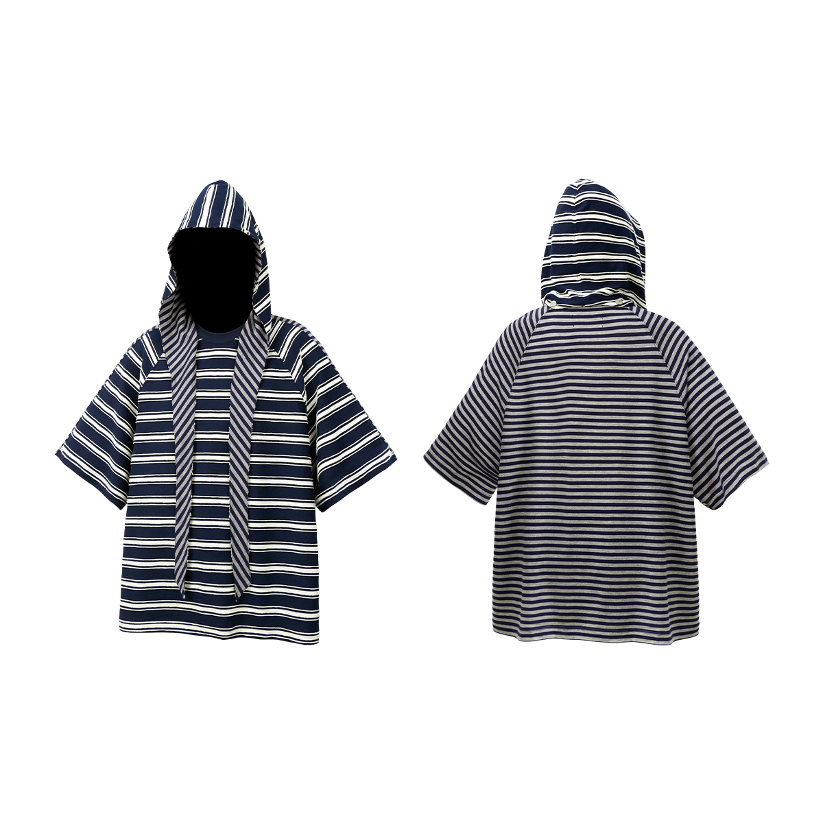 RELABEL (Dream Cut) Wool-Lysol Detachable Hooded Patchwork Striped Short-Sleeved T-shirt