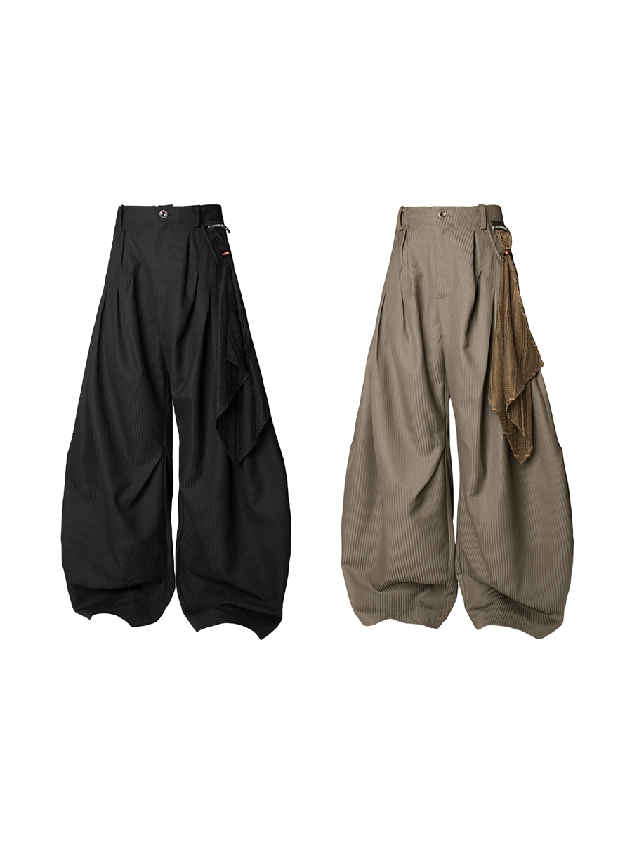 RELABEL Spatial Relationships (Multi-layered) Jacquard Striped Drape Scarf, Loose-fit Pleated Curved-leg Trousers