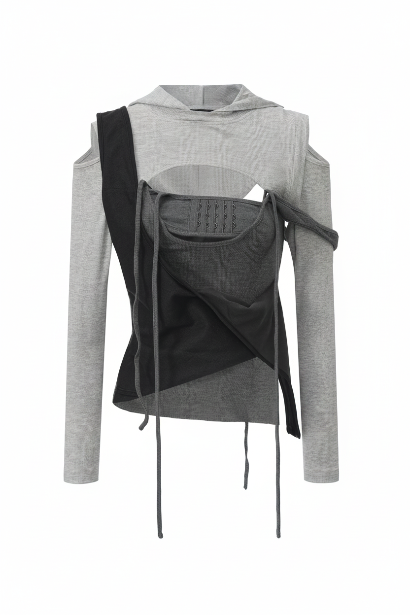 Layered Patxhwork Hooded Top