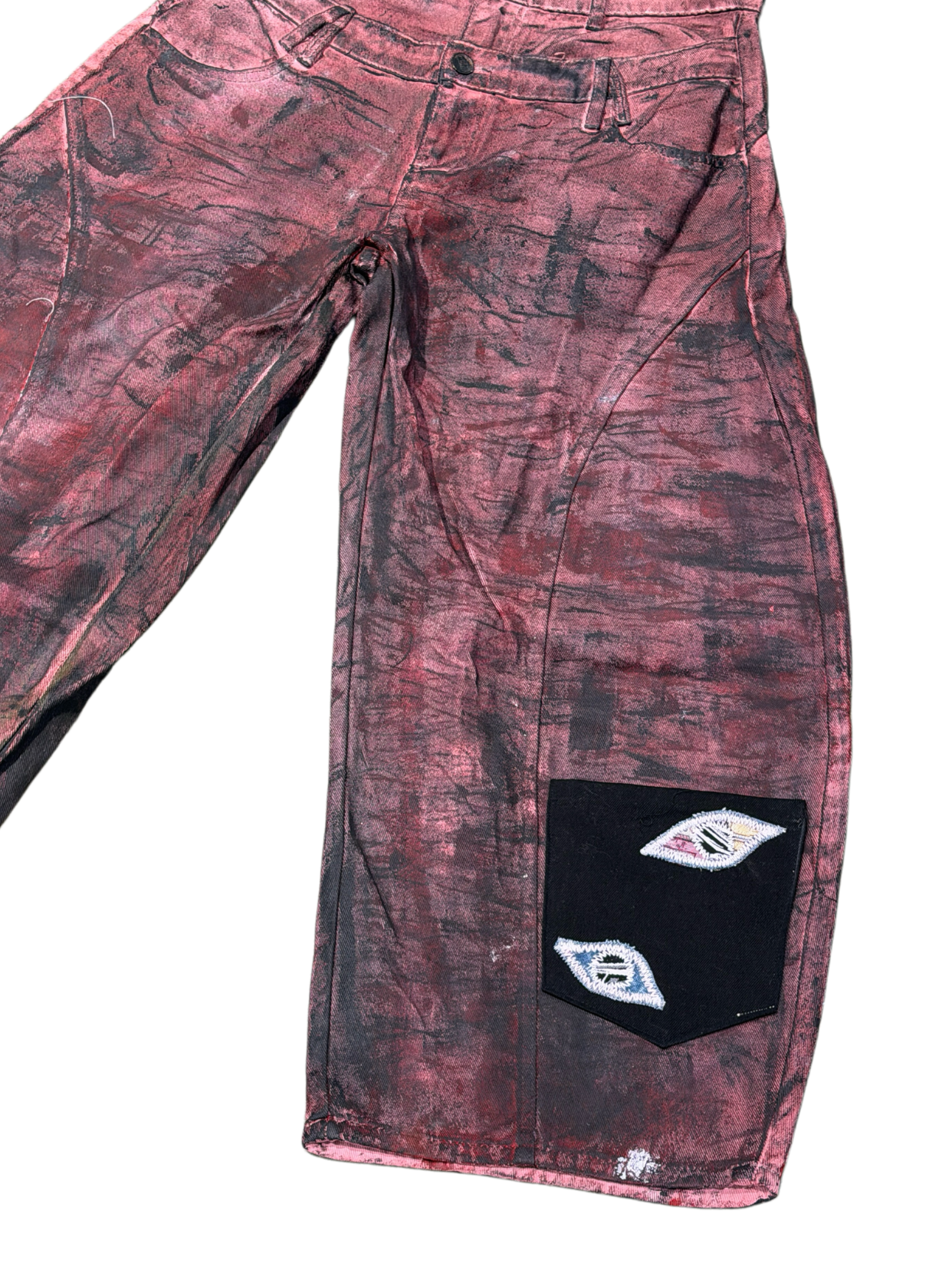 Red Waxed Denim Jeans with Eye-shaped Poxkets