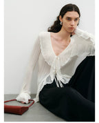 Lace Ruffle V-Neck Knit Cardigan