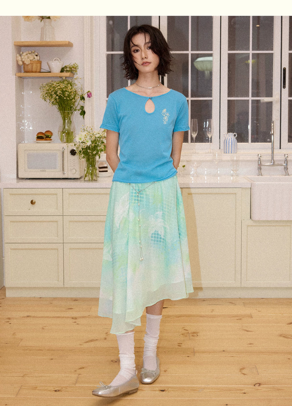 Pearl Waist Chain Gradient Print Skirt